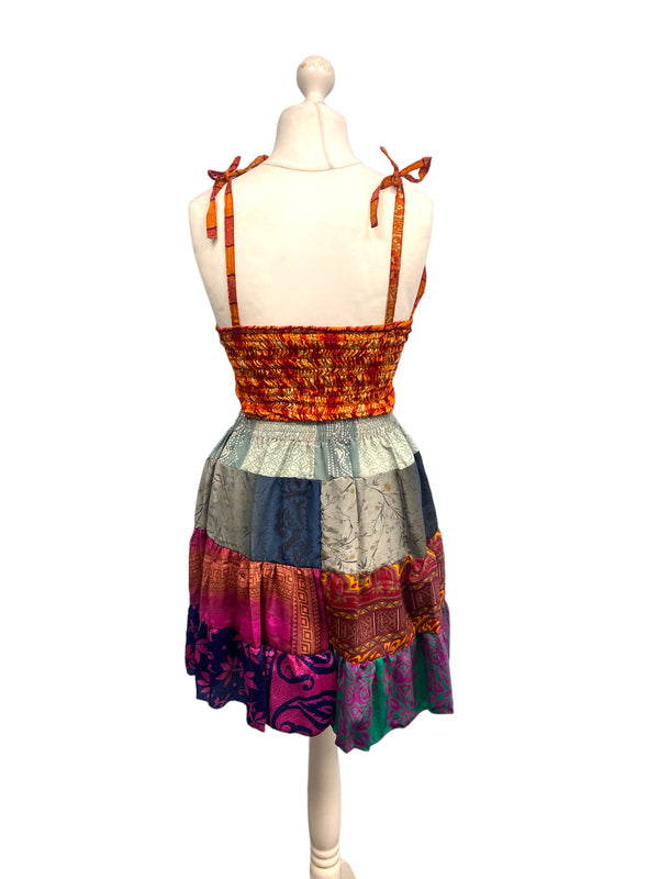 Crop Top & Mini Skirt Festival outfit Boho Hippy Sari Silk summer vest One Size