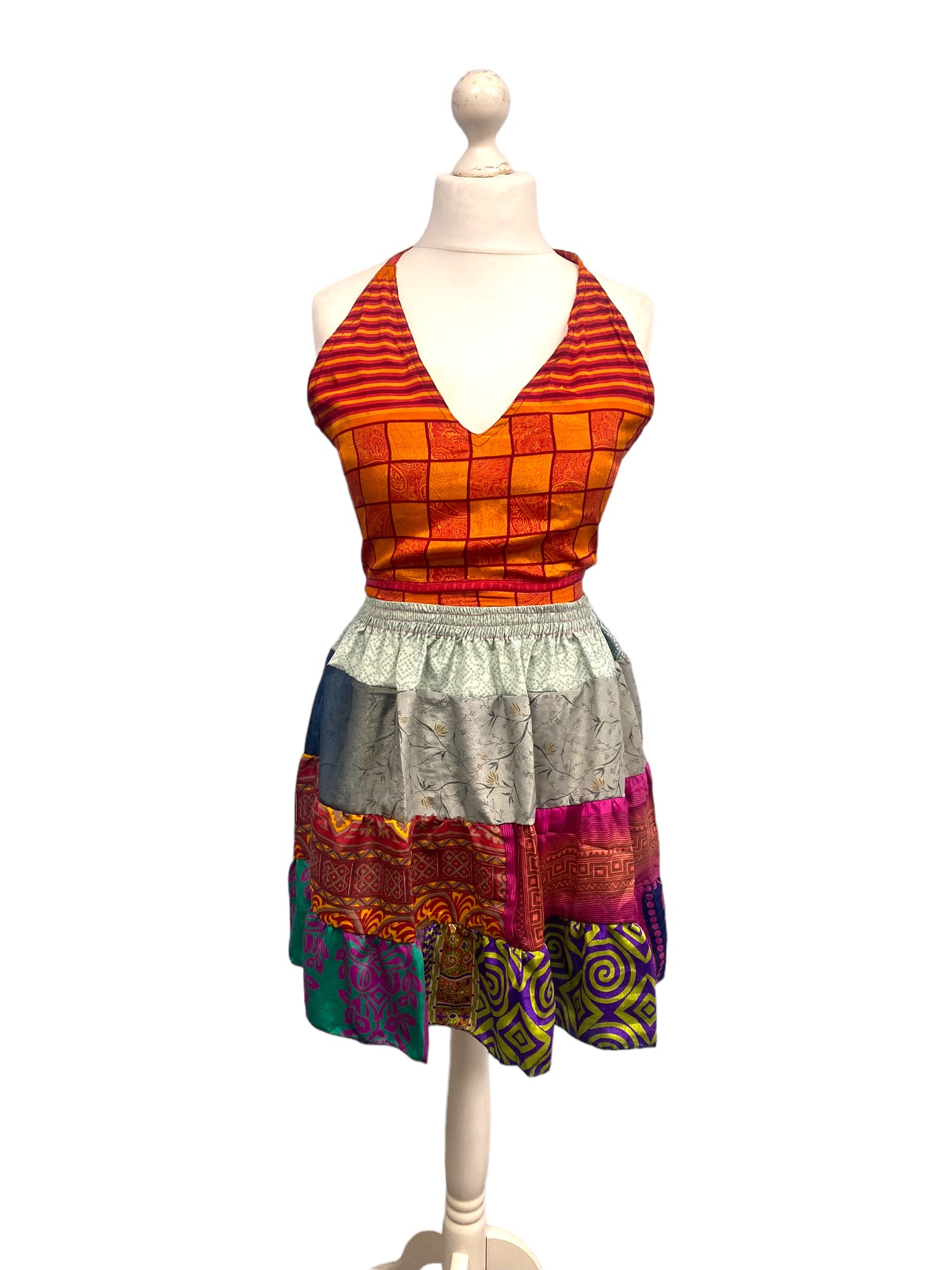 Crop Top & Mini Skirt Festival outfit Boho Hippy Sari Silk summer vest One Size