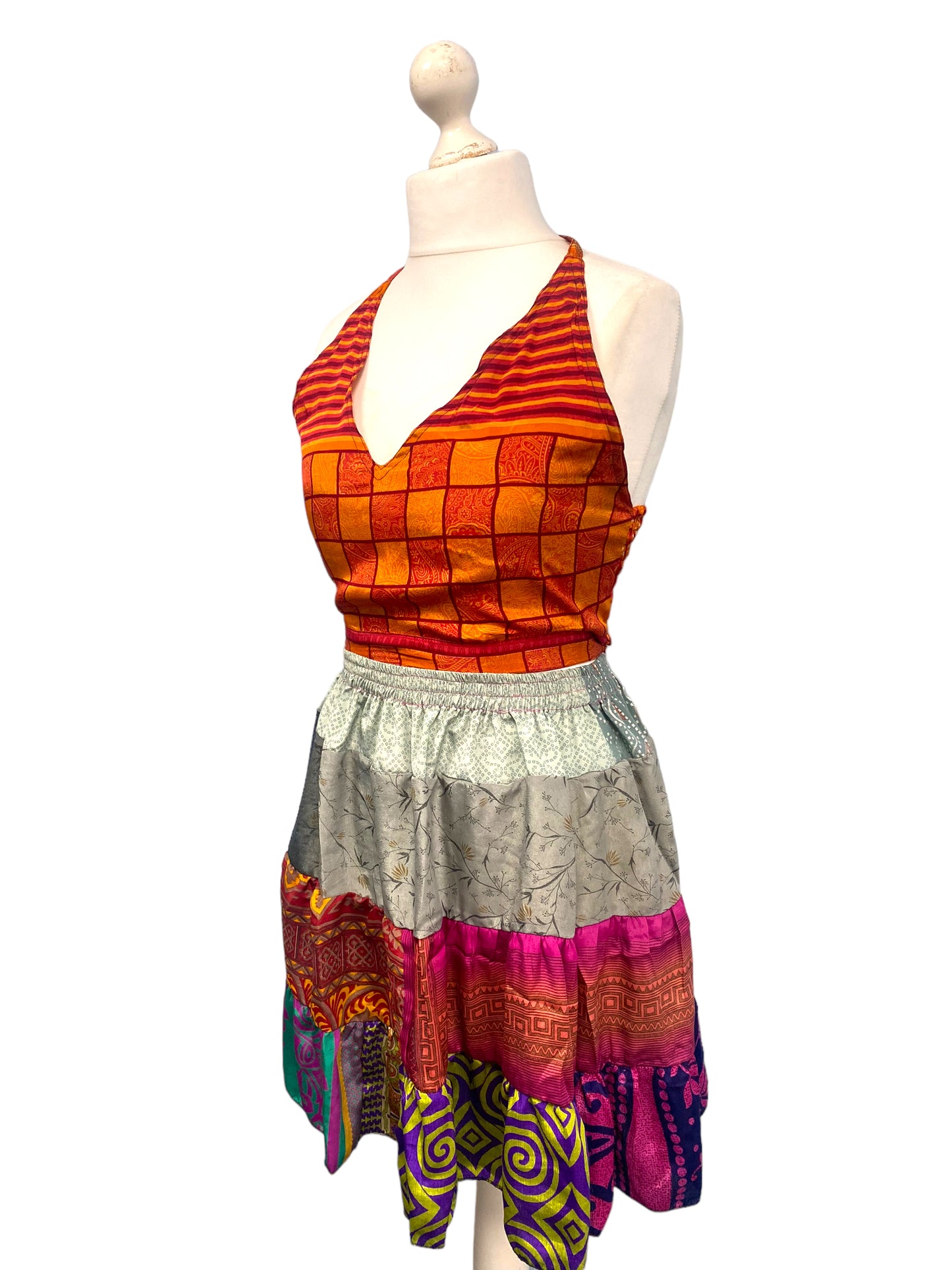 Crop Top & Mini Skirt Festival outfit Boho Hippy Sari Silk summer vest One Size