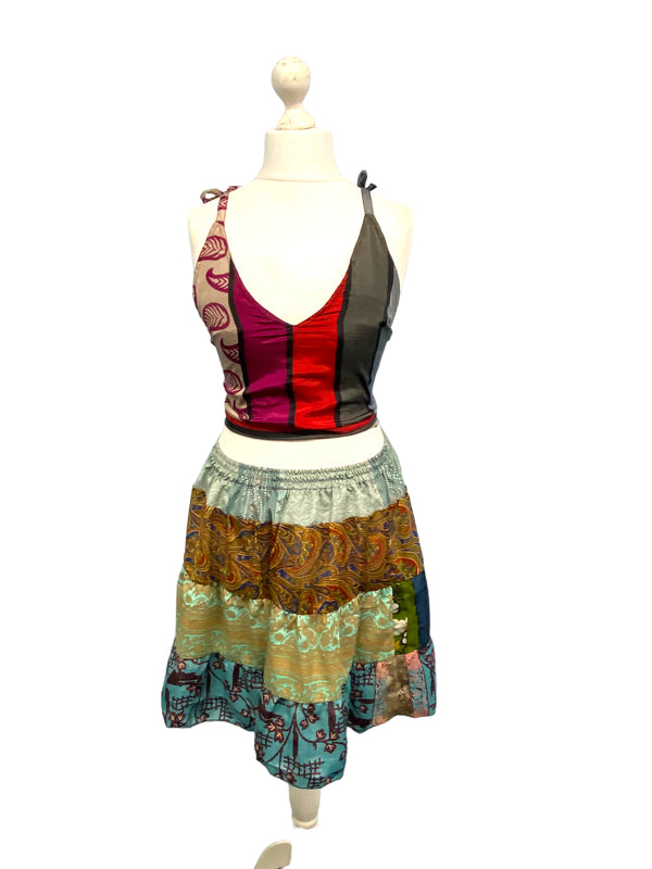 Crop Top & Mini Skirt Festival outfit Boho Hippy Sari Silk summer vest One Size