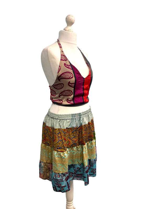 Crop Top & Mini Skirt Festival outfit Boho Hippy Sari Silk summer vest One Size