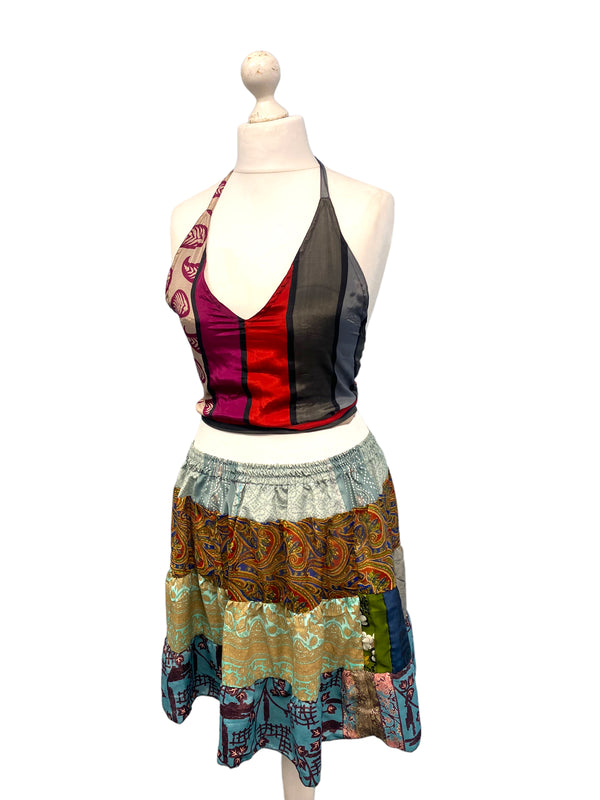 Crop Top & Mini Skirt Festival outfit Boho Hippy Sari Silk summer vest One Size