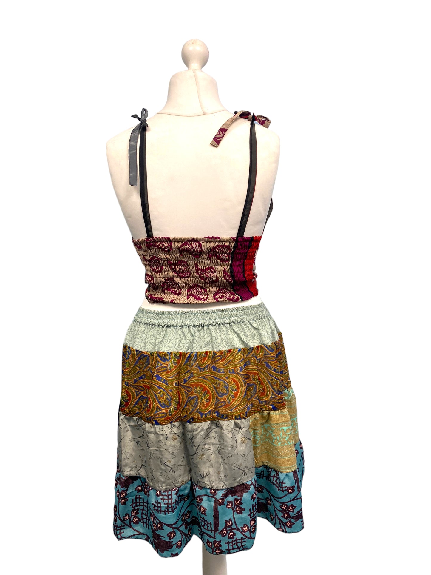 Crop Top & Mini Skirt Festival outfit Boho Hippy Sari Silk summer vest One Size