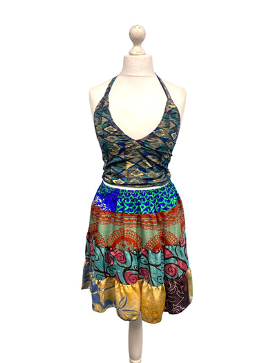 Crop Top & Mini Skirt Festival outfit Boho Hippy Sari Silk summer vest One Size