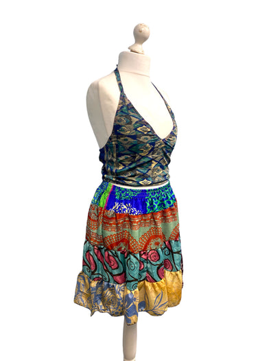 Crop Top & Mini Skirt Festival outfit Boho Hippy Sari Silk summer vest One Size