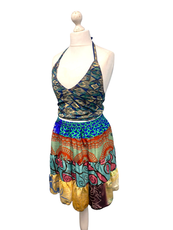 Crop Top & Mini Skirt Festival outfit Boho Hippy Sari Silk summer vest One Size