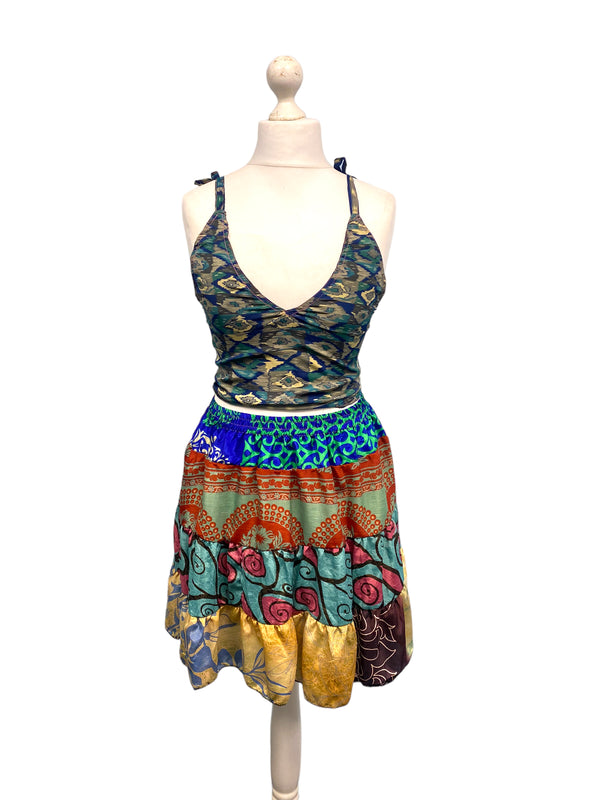 Crop Top & Mini Skirt Festival outfit Boho Hippy Sari Silk summer vest One Size