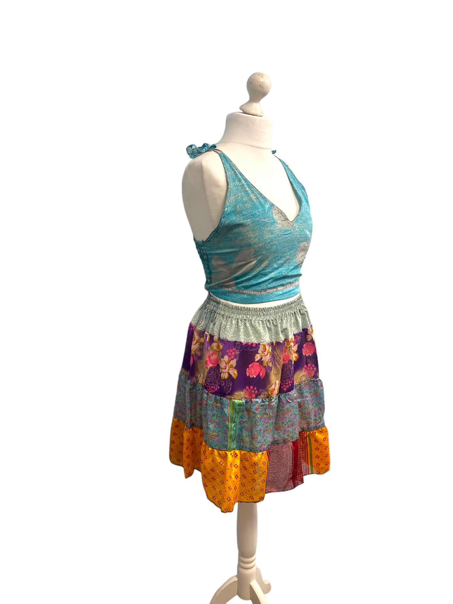 Crop Top & Mini Skirt Festival outfit Boho Hippy Sari Silk summer vest One Size