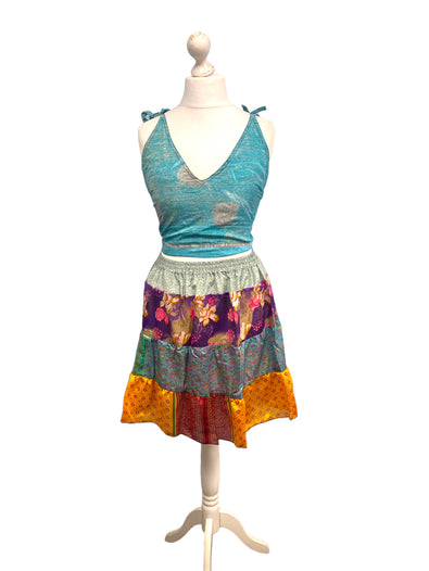 Crop Top & Mini Skirt Festival outfit Boho Hippy Sari Silk summer vest One Size