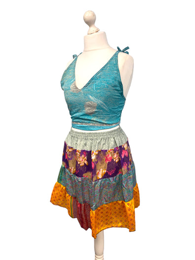 Crop Top & Mini Skirt Festival outfit Boho Hippy Sari Silk summer vest One Size