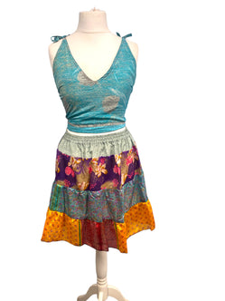 Crop Top & Mini Skirt Festival outfit Boho Hippy Sari Silk summer vest One Size