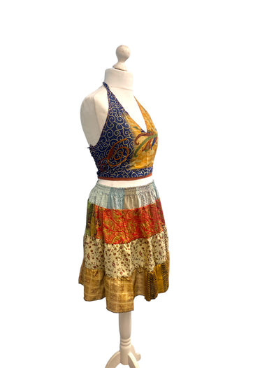 Crop Top & Mini Skirt Festival outfit Boho Hippy Sari Silk summer vest One Size