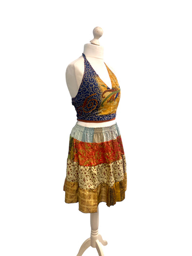 Crop Top & Mini Skirt Festival outfit Boho Hippy Sari Silk summer vest One Size