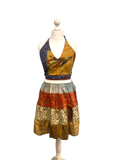 Crop Top & Mini Skirt Festival outfit Boho Hippy Sari Silk summer vest One Size