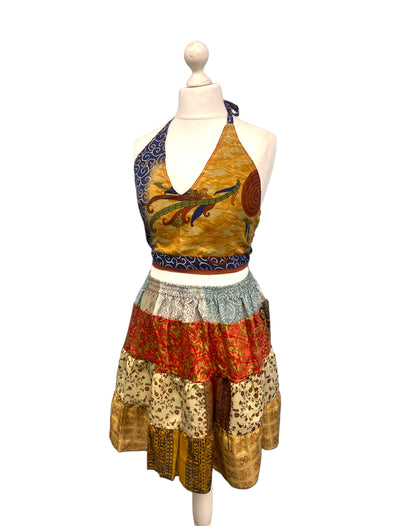 Crop Top & Mini Skirt Festival outfit Boho Hippy Sari Silk summer vest One Size