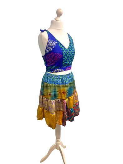 Crop Top & Mini Skirt Festival outfit Boho Hippy Sari Silk summer vest One Size