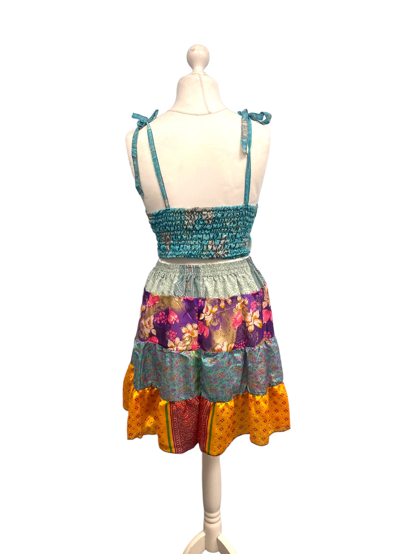 Crop Top & Mini Skirt Festival outfit Boho Hippy Sari Silk summer vest One Size