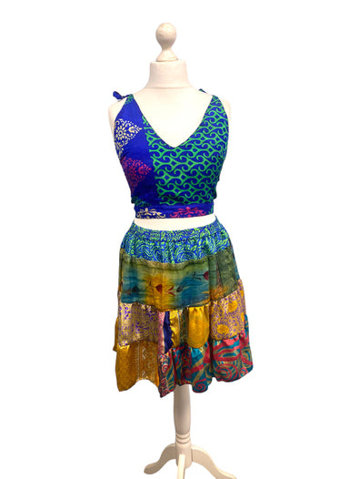 Crop Top & Mini Skirt Festival outfit Boho Hippy Sari Silk summer vest One Size