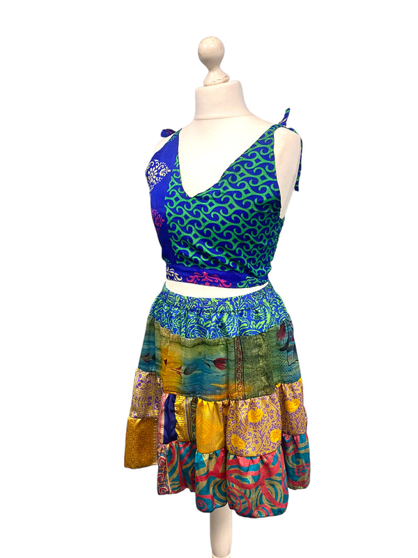 Crop Top & Mini Skirt Festival outfit Boho Hippy Sari Silk summer vest One Size