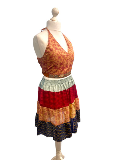 Crop Top & Mini Skirt Festival outfit Boho Hippy Sari Silk summer vest One Size