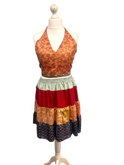 Crop Top & Mini Skirt Festival outfit Boho Hippy Sari Silk summer vest One Size