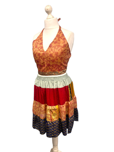 Crop Top & Mini Skirt Festival outfit Boho Hippy Sari Silk summer vest One Size