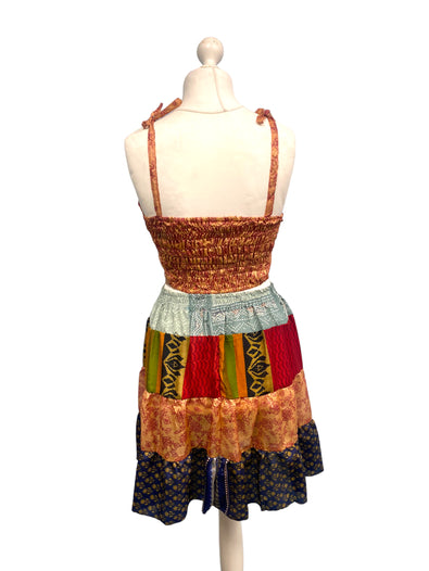 Crop Top & Mini Skirt Festival outfit Boho Hippy Sari Silk summer vest One Size