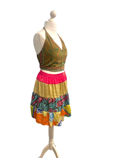 Crop Top & Mini Skirt Festival outfit Boho Hippy Sari Silk summer vest One Size