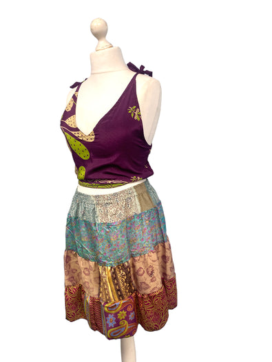 Crop Top & Mini Skirt Festival outfit Boho Hippy Sari Silk summer vest One Size