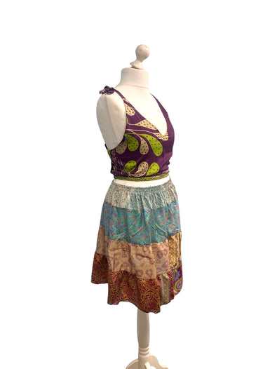 Crop Top & Mini Skirt Festival outfit Boho Hippy Sari Silk summer vest One Size