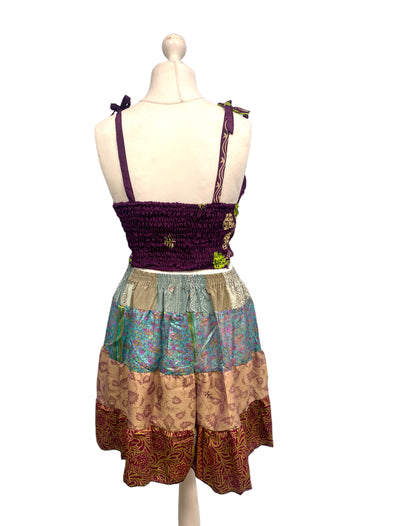 Crop Top & Mini Skirt Festival outfit Boho Hippy Sari Silk summer vest One Size