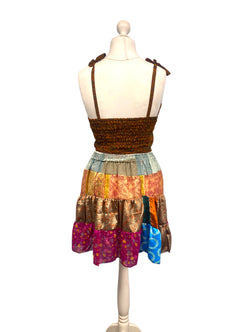 Crop Top & Mini Skirt Festival outfit Boho Hippy Sari Silk summer vest One Size