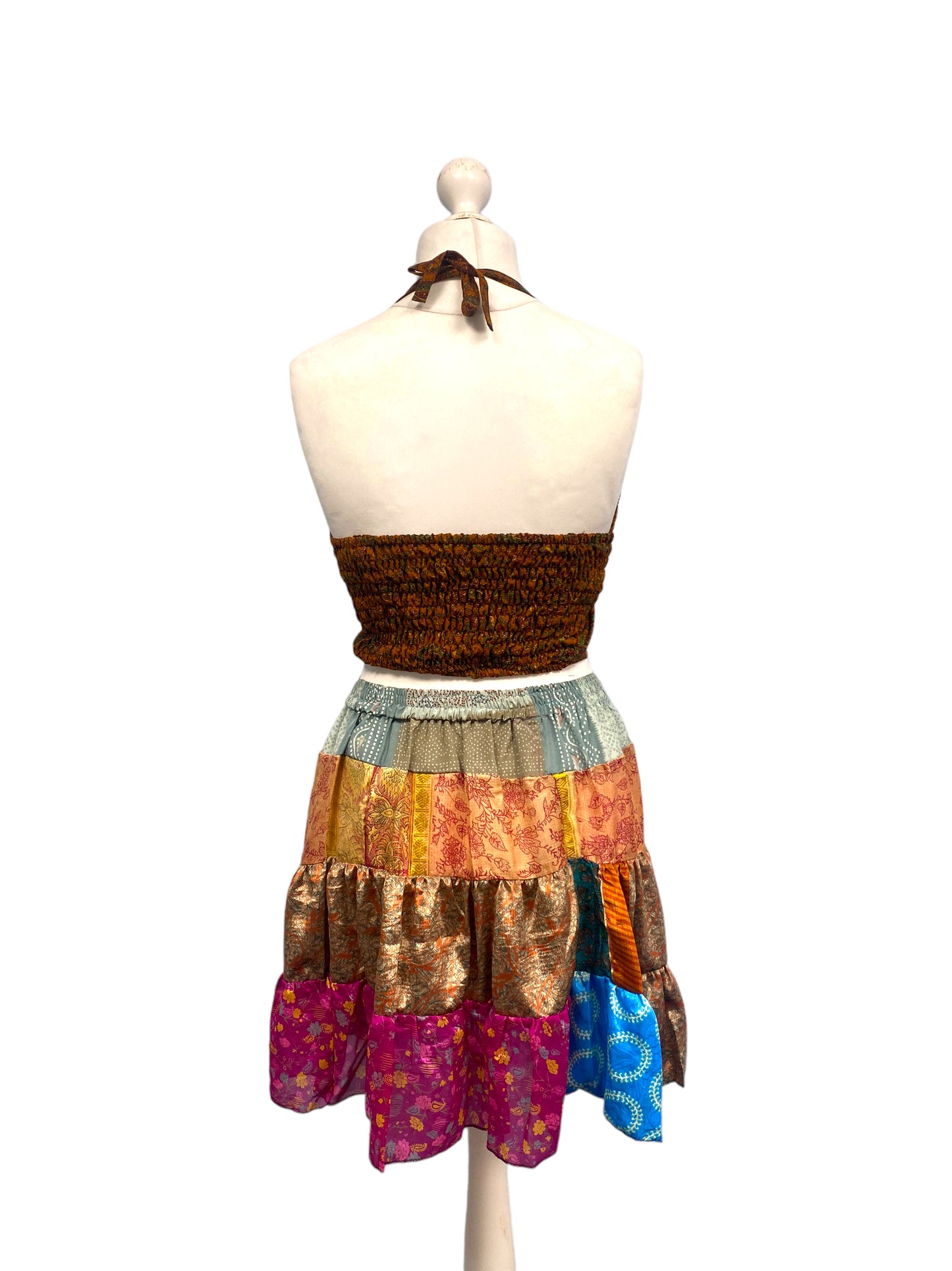 Crop Top & Mini Skirt Festival outfit Boho Hippy Sari Silk summer vest One Size