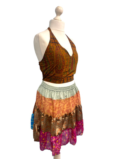 Crop Top & Mini Skirt Festival outfit Boho Hippy Sari Silk summer vest One Size