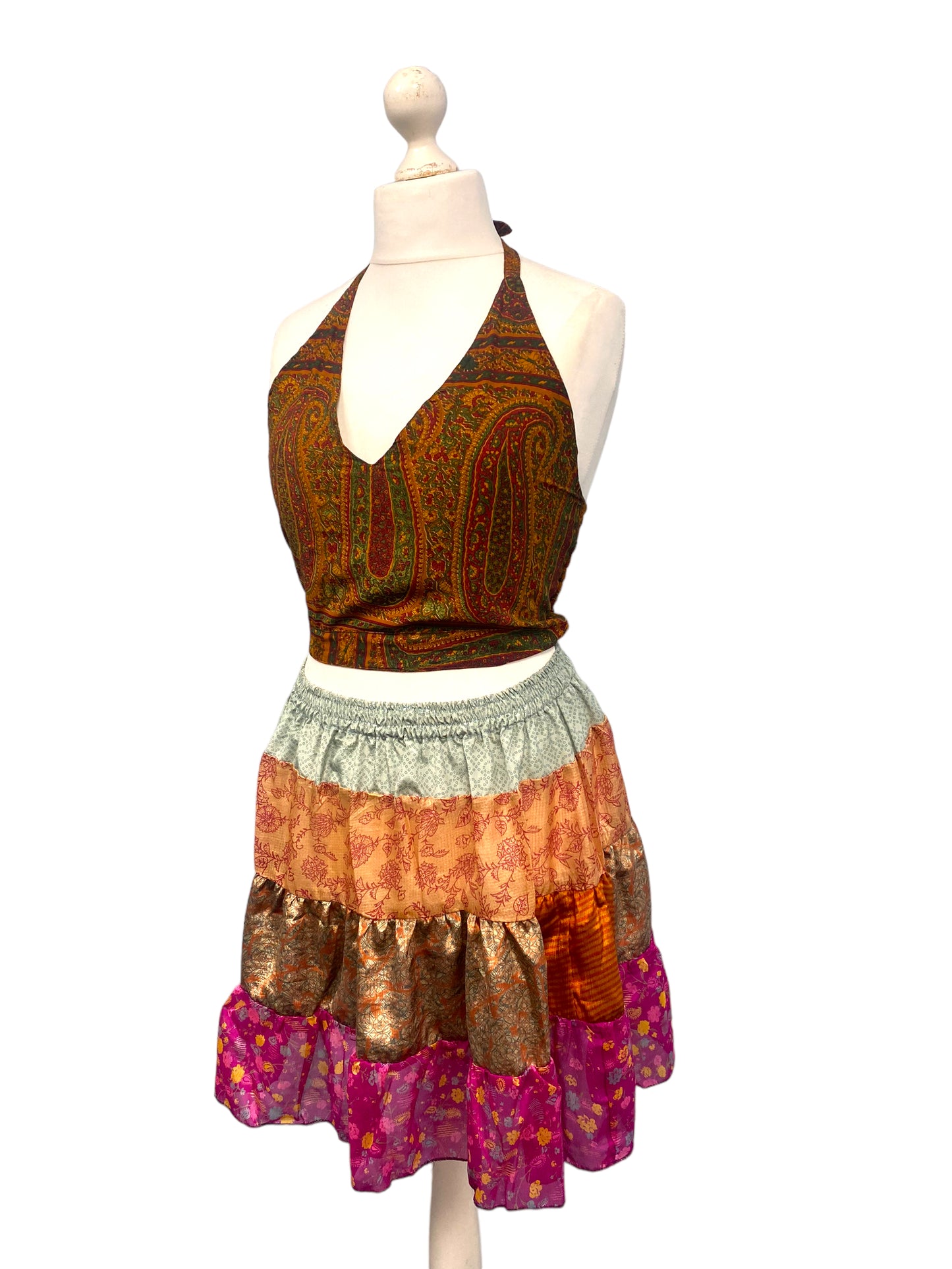 Crop Top & Mini Skirt Festival outfit Boho Hippy Sari Silk summer vest One Size