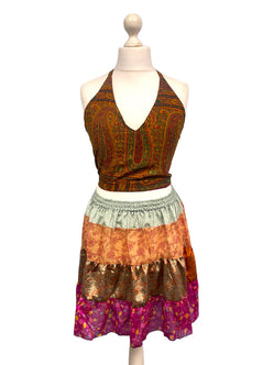 Crop Top & Mini Skirt Festival outfit Boho Hippy Sari Silk summer vest One Size