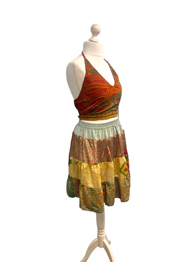 Crop Top & Mini Skirt Festival outfit Boho Hippy Sari Silk summer vest One Size