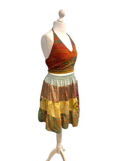 Crop Top & Mini Skirt Festival outfit Boho Hippy Sari Silk summer vest One Size