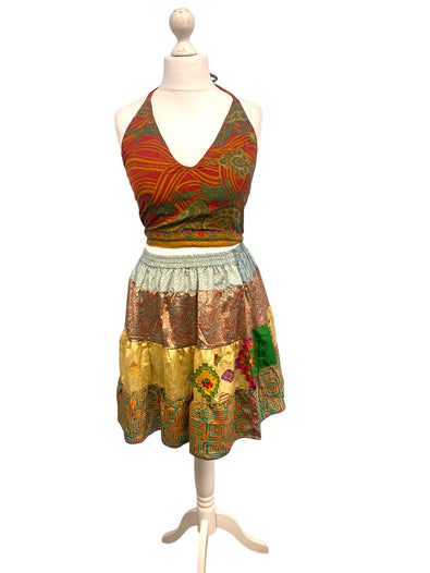 Crop Top & Mini Skirt Festival outfit Boho Hippy Sari Silk summer vest One Size