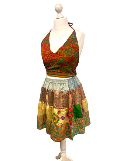 Crop Top & Mini Skirt Festival outfit Boho Hippy Sari Silk summer vest One Size