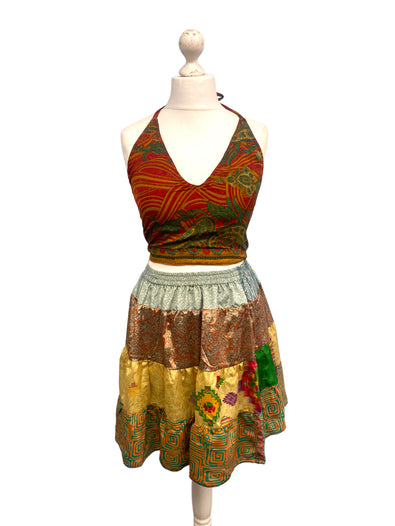 Crop Top & Mini Skirt Festival outfit Boho Hippy Sari Silk summer vest One Size