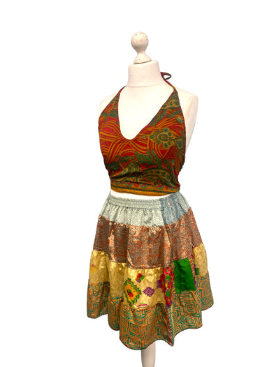 Crop Top & Mini Skirt Festival outfit Boho Hippy Sari Silk summer vest One Size