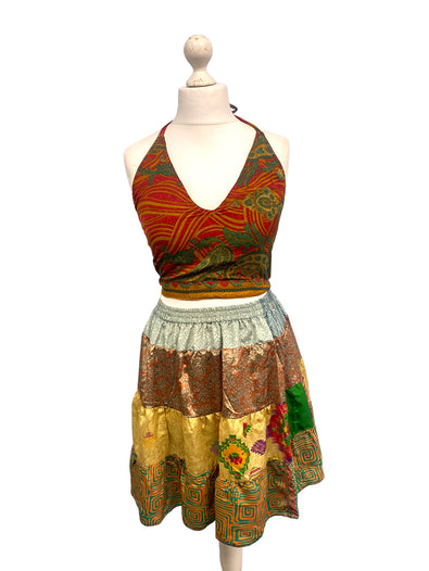 Crop Top & Mini Skirt Festival outfit Boho Hippy Sari Silk summer vest One Size