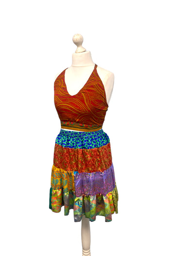 Crop Top & Mini Skirt Festival outfit Boho Hippy Sari Silk summer vest One Size