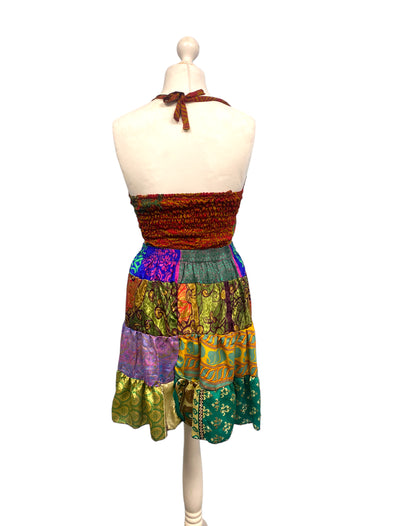 Crop Top & Mini Skirt Festival outfit Boho Hippy Sari Silk summer vest One Size