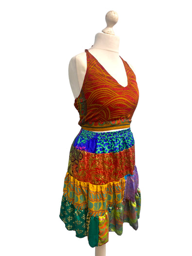 Crop Top & Mini Skirt Festival outfit Boho Hippy Sari Silk summer vest One Size