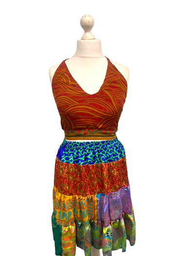 Crop Top & Mini Skirt Festival outfit Boho Hippy Sari Silk summer vest One Size