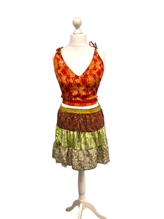 Crop Top & Mini Skirt Festival outfit Boho Hippy Sari Silk summer vest One Size