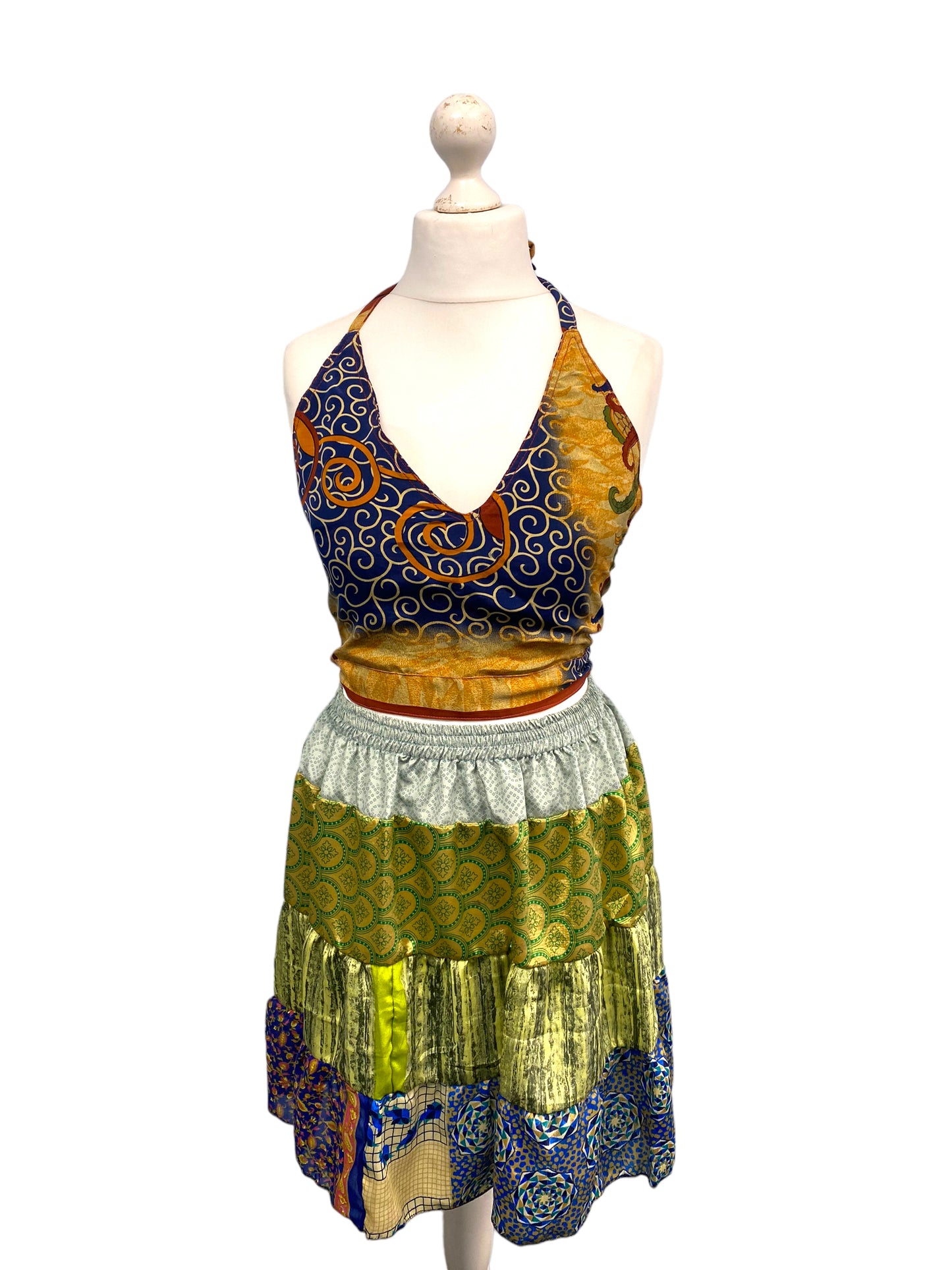 Crop Top & Mini Skirt Festival outfit Boho Hippy Sari Silk summer vest One Size