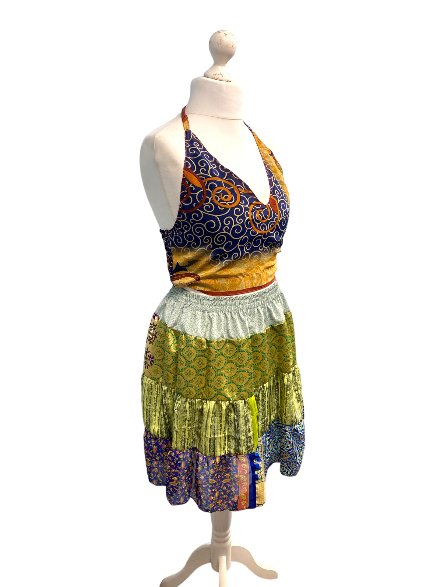 Crop Top & Mini Skirt Festival outfit Boho Hippy Sari Silk summer vest One Size